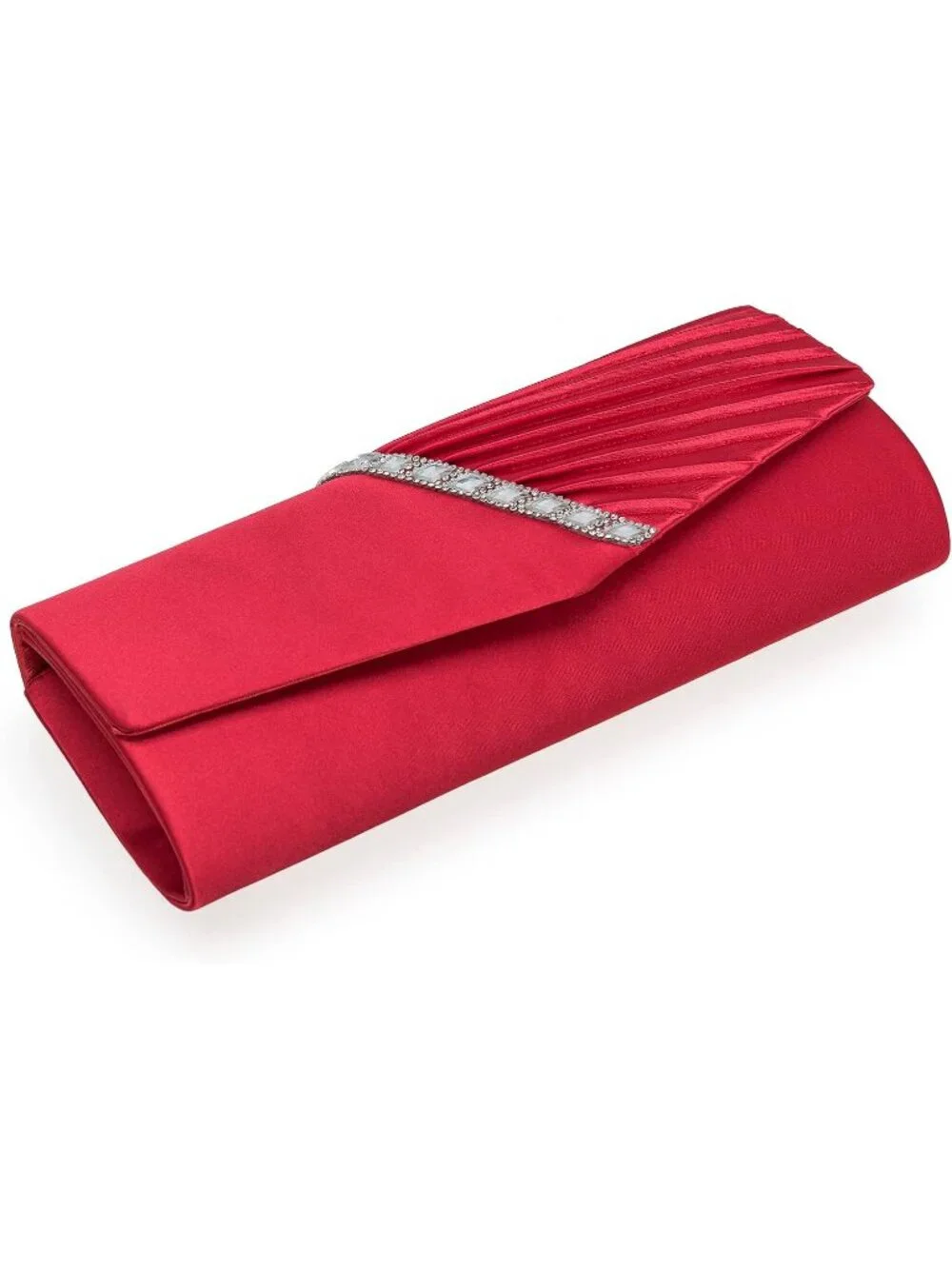 Women's Red Crystal Embellished Pleated Satin Clutch Purse For Evening Bag